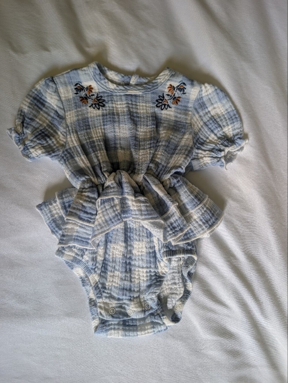 6-9 Month Rachel Zoe Blue & White Plaid Ruffle Bodysuit with Floral Embroidery